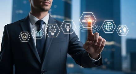 Businessman interacting with data analytics icons on a virtual interface in a modern office space