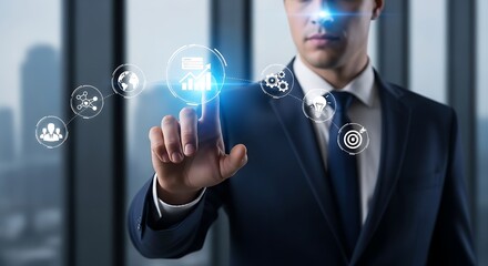 Businessman interacting with digital interface showing business and team management icons