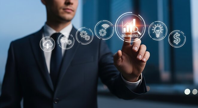 Man in suit interacting with data analytics interface and various business related icons displayed