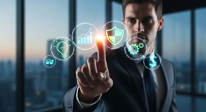 Businessman in suit touching digital icons representing business concepts in front of a window