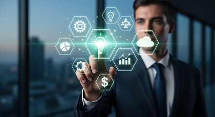 Businessman interacting with digital interface featuring icons of business and technology concepts