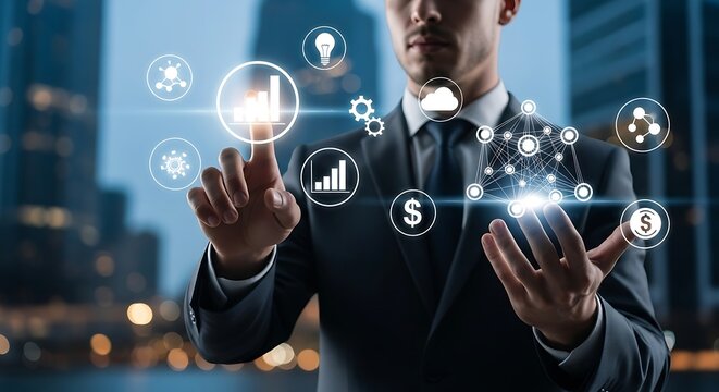 Man in suit interacting with digital interface icons against blurred city background at night