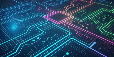 Futuristic Circuit Board Pattern &ndash; Neon Lines & Digital Tech Abstract Background