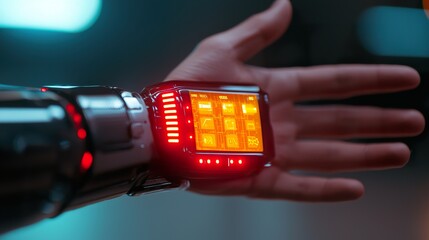 Wearable gesture control device on a person's wrist, interacting with a holographic interface, intuitive control, futuristic tech. 