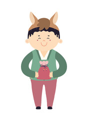 Cute boy in horse hat, holding traditional Korean gift character isolated. Hand drawn cartoon vector illustration. Flat design. Seollal holiday card, poster, banner element