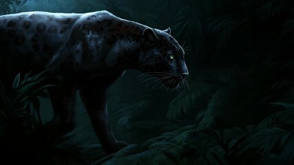 Mysterious Black Panther Walking in Dark Jungle Night Stunning cinematic photo of a black panther prowling through the jungle at night, surrounded by tropical plants and dramatic lighting