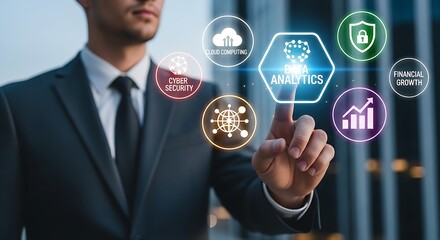Businessman interacting with data analytics and technology icons on a virtual interface screen