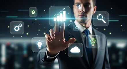 Man in suit interacting with digital interface showing growth charts and various business icons display