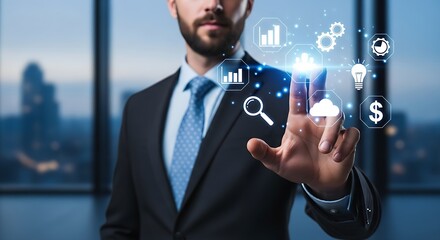 Businessman interacting with digital interface showing data analytics and business icons on screen