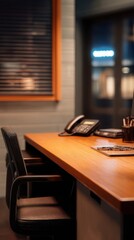 Modern office desk with telephones and stationery, illuminated by city lights at night