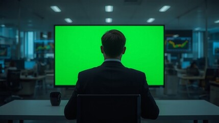 Businessman in Front of Green Screen for Stock Trading Office Concept