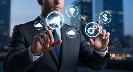Businessman interacting with digital interface showing graphs and cloud computing icons near buildings