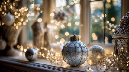 Artistic thematic window arrangement highlighting vintage holiday ornaments and twinkling fairy lights with the centerpiece in crisp detail and surrounding décor softly out of