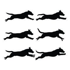 Set of six black silhouettes of dogs running in dynamic poses