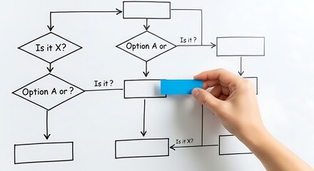 Hand Drawing Flowchart with Blue Marker on Whiteboard