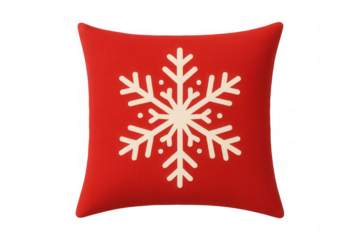 Red christmas pillow with white snowflake design, adding festive holiday cheer to home decor, transparent background