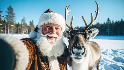 Santa Claus Takes a Selfie with a Reindeer in a Snowy Winter Landscape