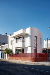 Modern architectural design of a white house with unique shape and vibrant red fence in an urban neighborhood during bright daylight
