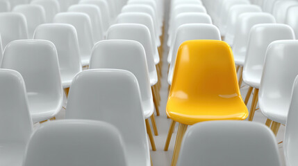 Naklejka premium Yellow Chair Among White Chairs in Rows, Symbol of Individuality and Unique Presence