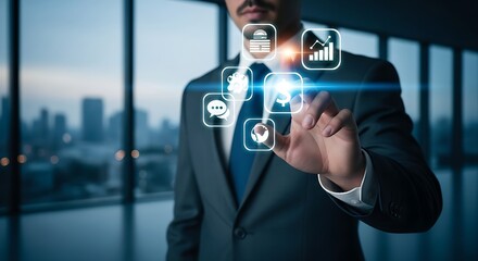 Businessman interacting with digital icons in an office with a city skyline in the background