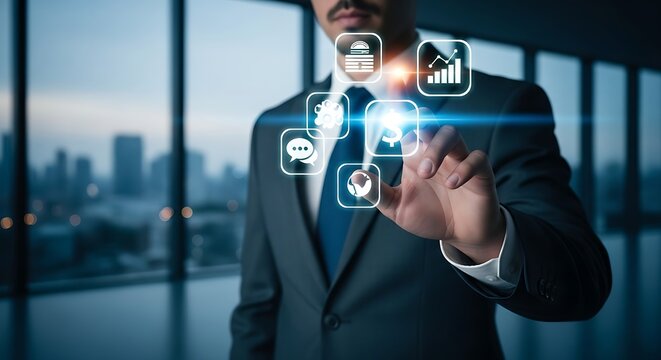 Businessman interacting with digital icons in an office with a city skyline in the background