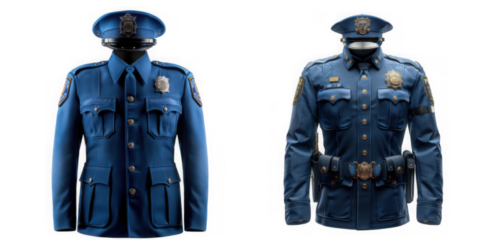 Two blue police uniforms with hats and badges isolated on transparent background