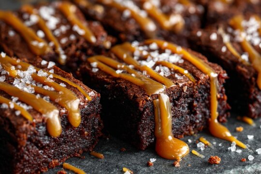 Decadent chocolate brownies topped with golden caramel sauce and crunchy sea salt flakes