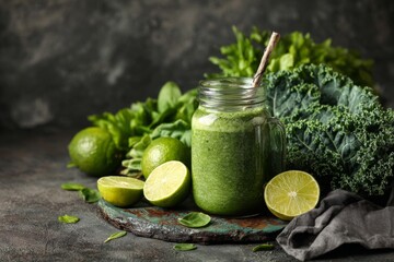 Vibrant green healthy smoothie drink in a glass jar mug with fresh limes and kale on a rustic surface