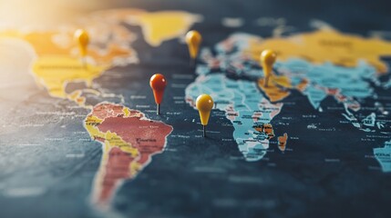 World map with pins, travel destinations, global adventure, exploration, Stock photo, professional photography, natural light, Clear lighting, hight definition, high resolution 