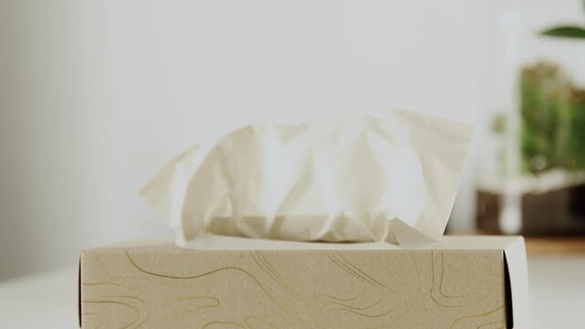 Hand takes paper napkin from tissues box. Dry wipes in craft eco biodegradable recycling pack.