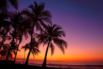 Obraz premium Silhouetted palm trees on a tropical beach at sunset with vibrant purple and orange sky