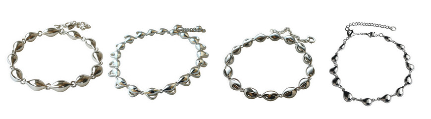 Obraz premium Four silver charm bracelets with various charms, isolated on transparent background