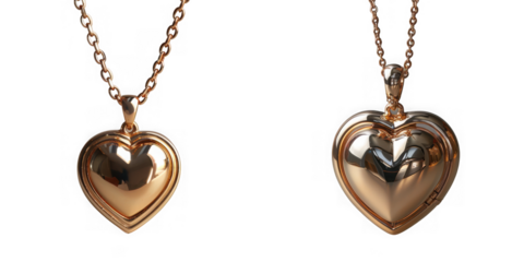 Two rose gold heart lockets on chains, isolated on transparent background