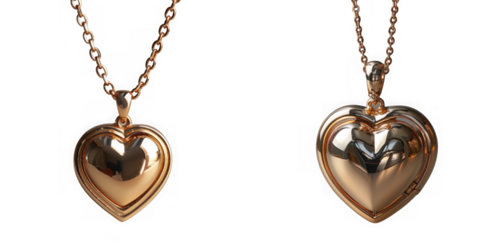 Two rose gold heart lockets on chains, isolated on transparent background