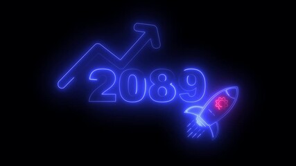 Blue neon 2089 year with upward arrow graph and rocket ship icon on black background new year