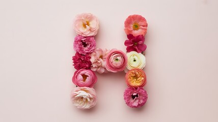 Letter H formed from assorted pink and coral flowers on a pale pink background alphabet floral letter