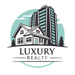 Fototapeta premium Luxury Realty Branding Logo – Stylized teal and black buildings rising behind a modern house, set against a pale blue arc, with elegant bold gray and green text beneath for a premium branding effect.