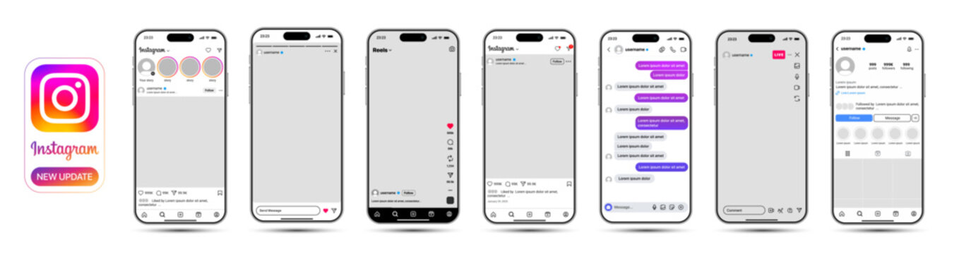 Instagram UI mockup pack iPhone 17 with reels posts stories direct grid live stream profiles video layout story templates