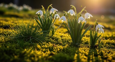 Fototapeta premium Spring awakening with snowdrop flowers at sunrise in a dew-kissed field