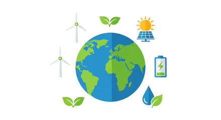 Obraz premium Flat vector of Earth with green energy icons: windmill, solar, water, battery.