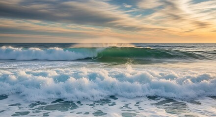 Fototapeta premium Ocean Waves Crashing on Shore at Sunset with Cloudy Sky.