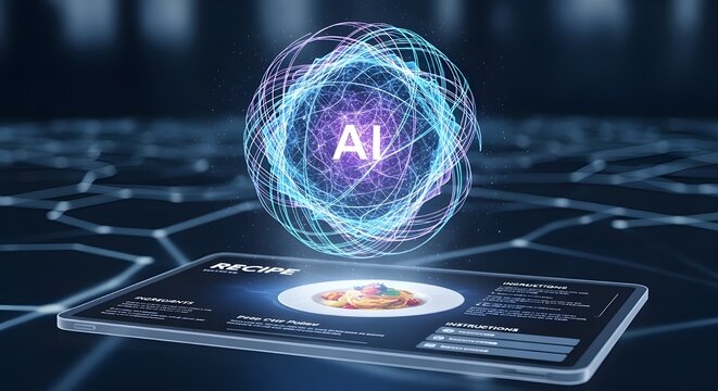 AI-Powered Recipe App: Futuristic Tablet Displaying Digital Culinary Instructions and Ingredients.