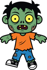 Cartoon zombie character with green skin, yellow eyes, torn clothes, startled expression, Halloween monster illustration, playful undead design