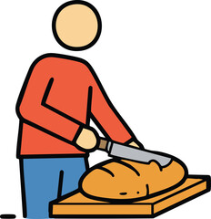 Illustration of person cutting loaf of bread with knife on board