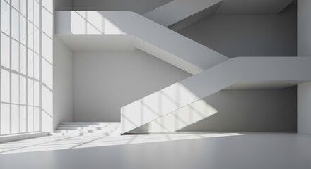 Obraz premium Modern minimalistic interior with sunlit staircase in an architectural space