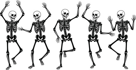Obraz premium Dancing skeleton characters in animated poses, playful bone figures, Halloween celebration illustration, humorous undead design, anatomy themed cartoon art