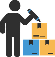 Person marking boxes with marker symbol for shipping and delivery
