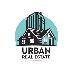 Fototapeta premium Urban Real Estate Logo – A clean flat design composition: teal skyscrapers over a modern black and teal home, accented by a light blue semi-circle, with sharp bold typography below.