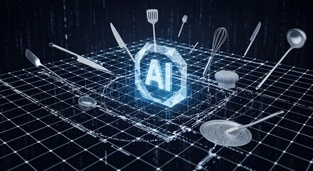 AI-Powered Culinary Technology: Futuristic Kitchenware and Digital Grid Design