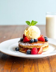 Stacked pancakes with ice cream and berries (1)